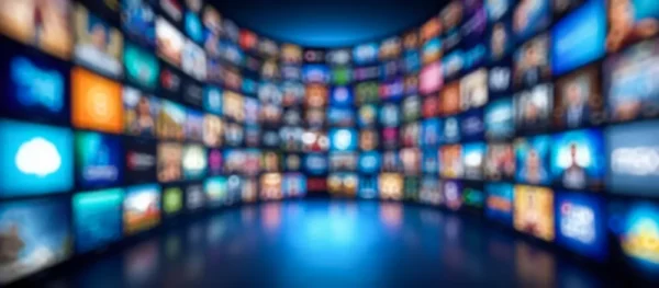 An abstract blur of dozens of TV screens.